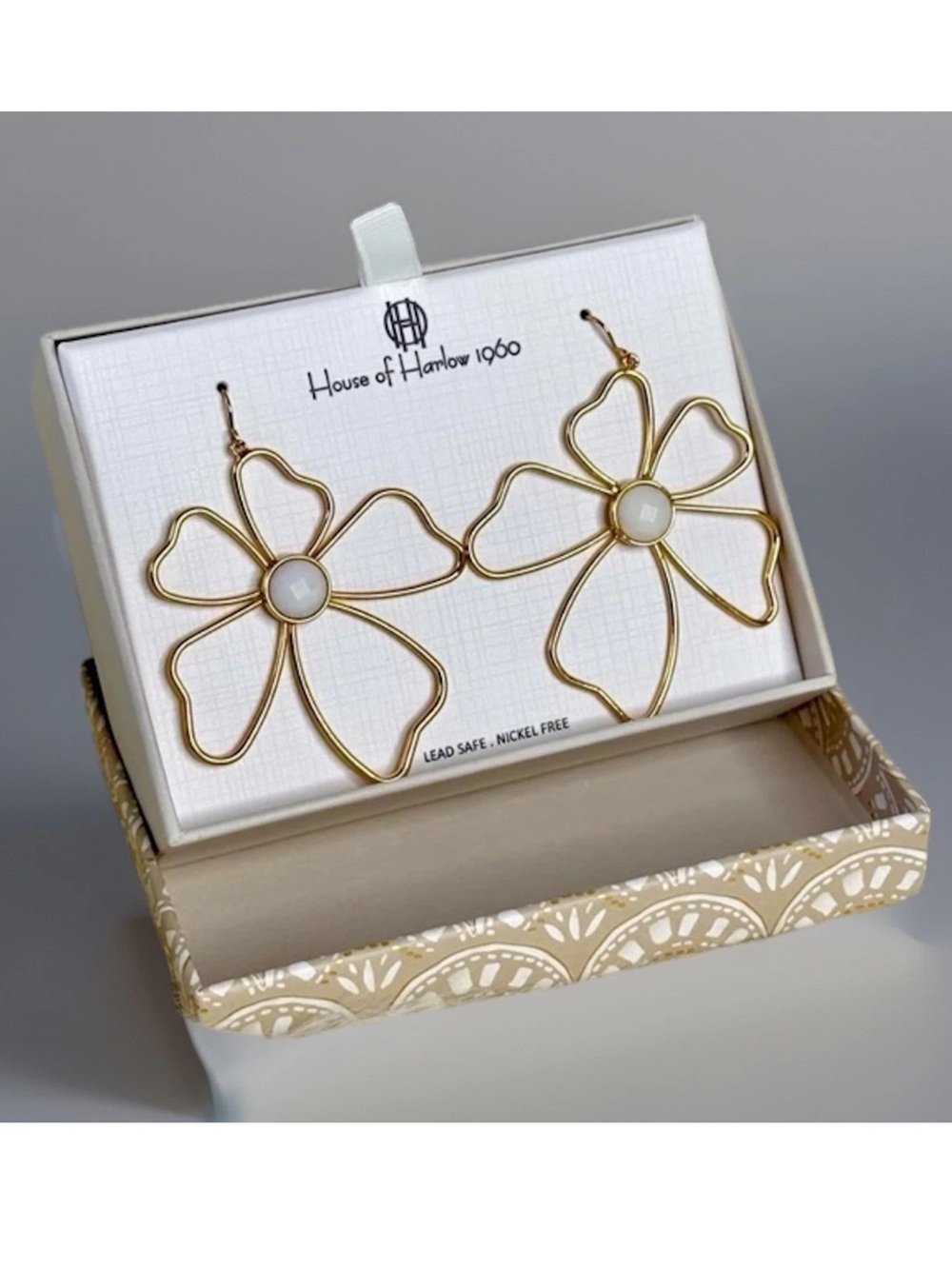 House of Harlow 1960 Gold Flower Wire Drop Earrings with White Centers